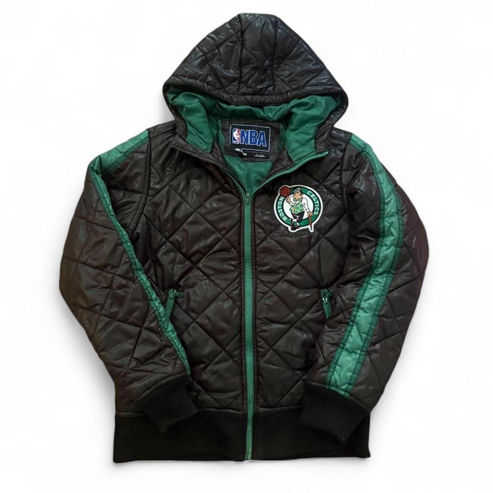 Vintage NBA Boston Celtics Quilted Hooded Jacket Black Green Mens Medium